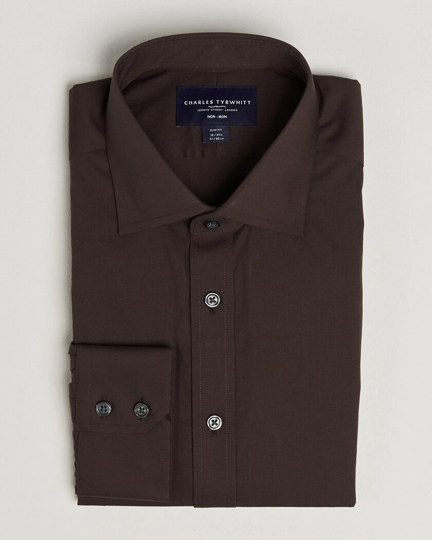 Charles Tyrwhitt Slim Fit Non Iron Poplin Cut Away Shirt Chocolate – Brun