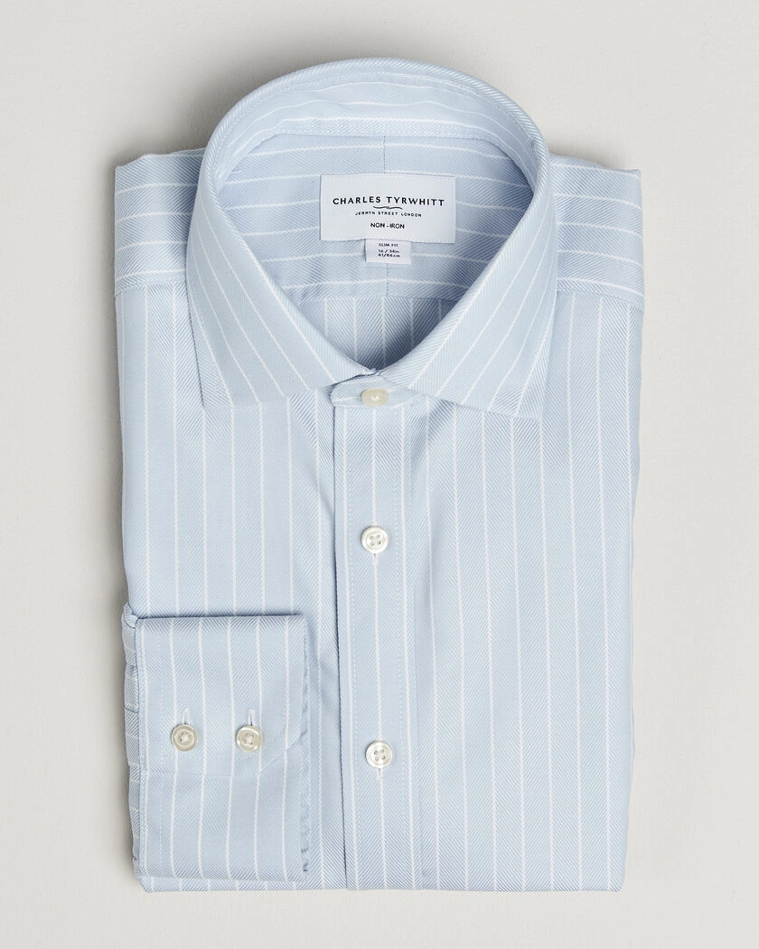 Charles Tyrwhitt Slim Fit Non Iron Herringbone Stripe Shirt Light Blue – Blå