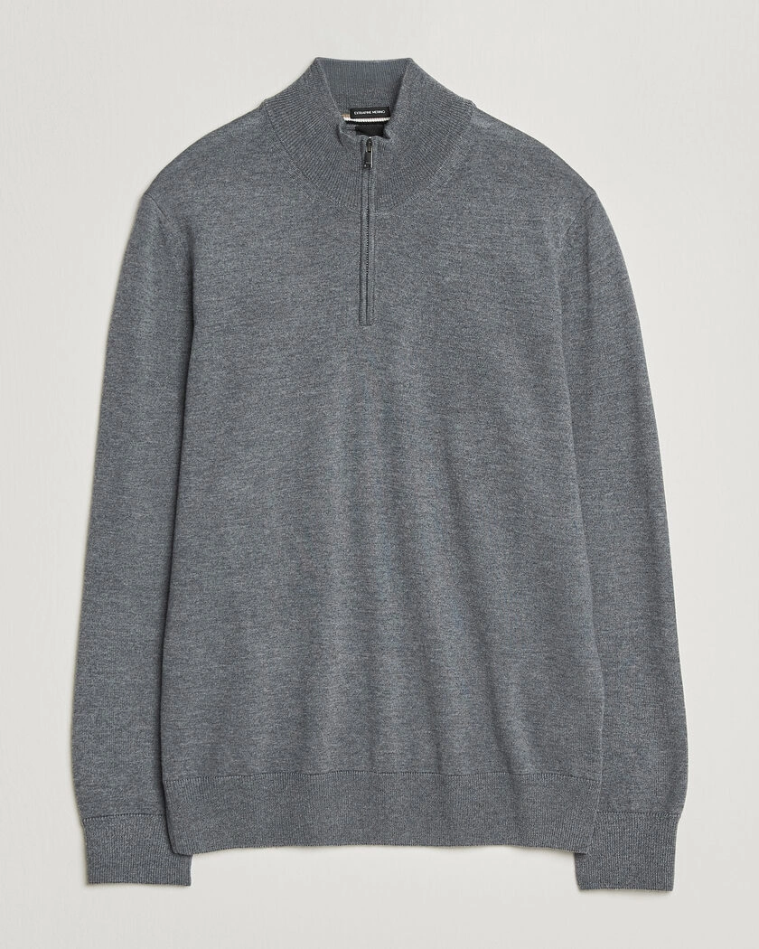 BOSS BLACK Ebenji Merino Knitted Half Zip Medium Grey – Grå
