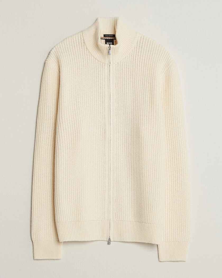BOSS BLACK Fiocco Wool/Cashmere Full Zip Open White – Vit