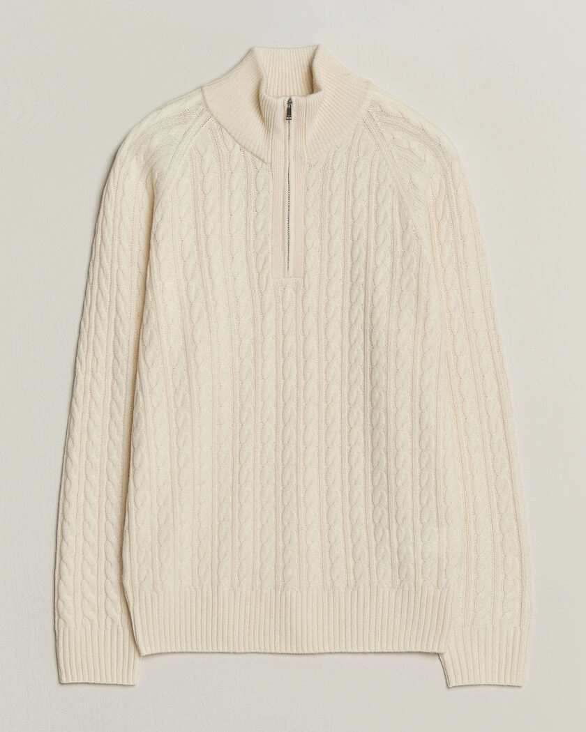 BOSS BLACK Furore Wool/Cashmere Cable Half Zip Open White – Vit