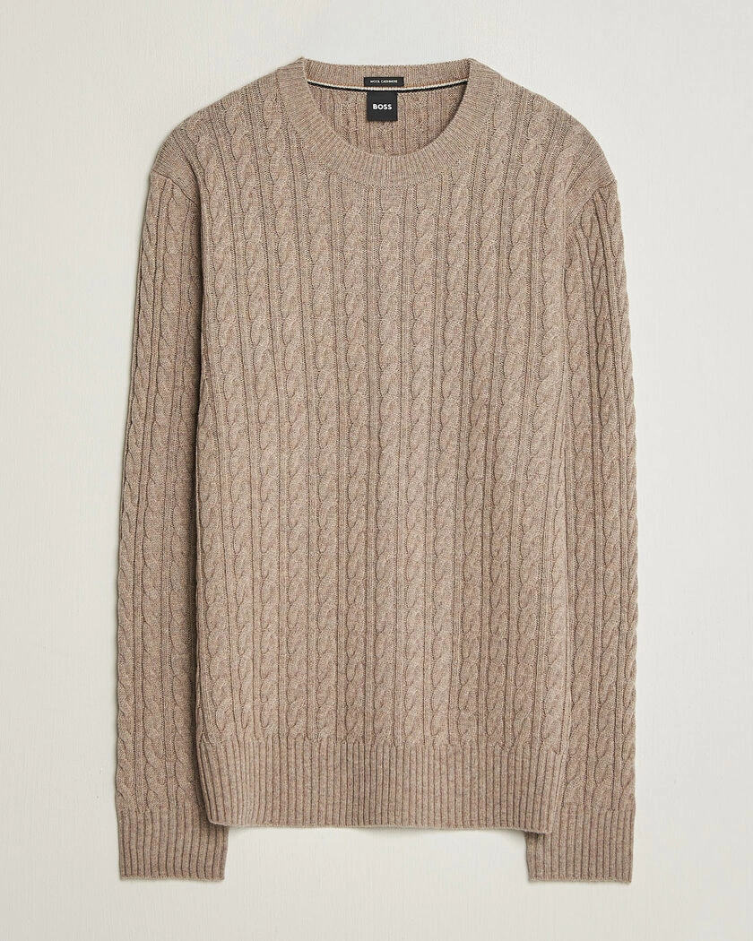 BOSS BLACK Furlan Wool/Cashmere Cable Crew Neck Open Brown – Brun