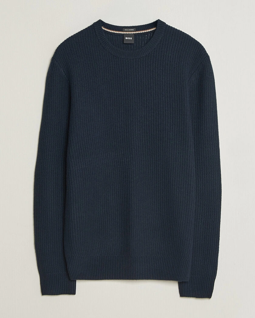 BOSS BLACK Fiocchetto Wool/Cashmere Crew Neck Dark Blue – Blå