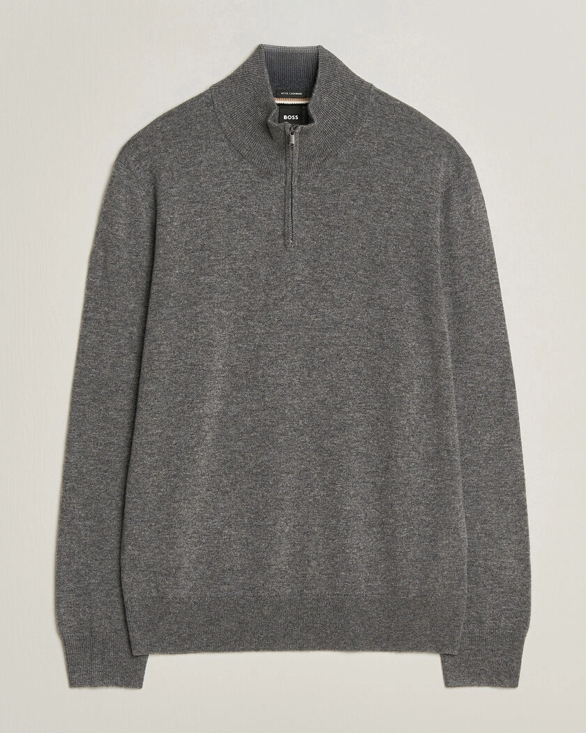 BOSS BLACK Hemarlo Wool/Cashmere Half Zip Medium Grey – Grå