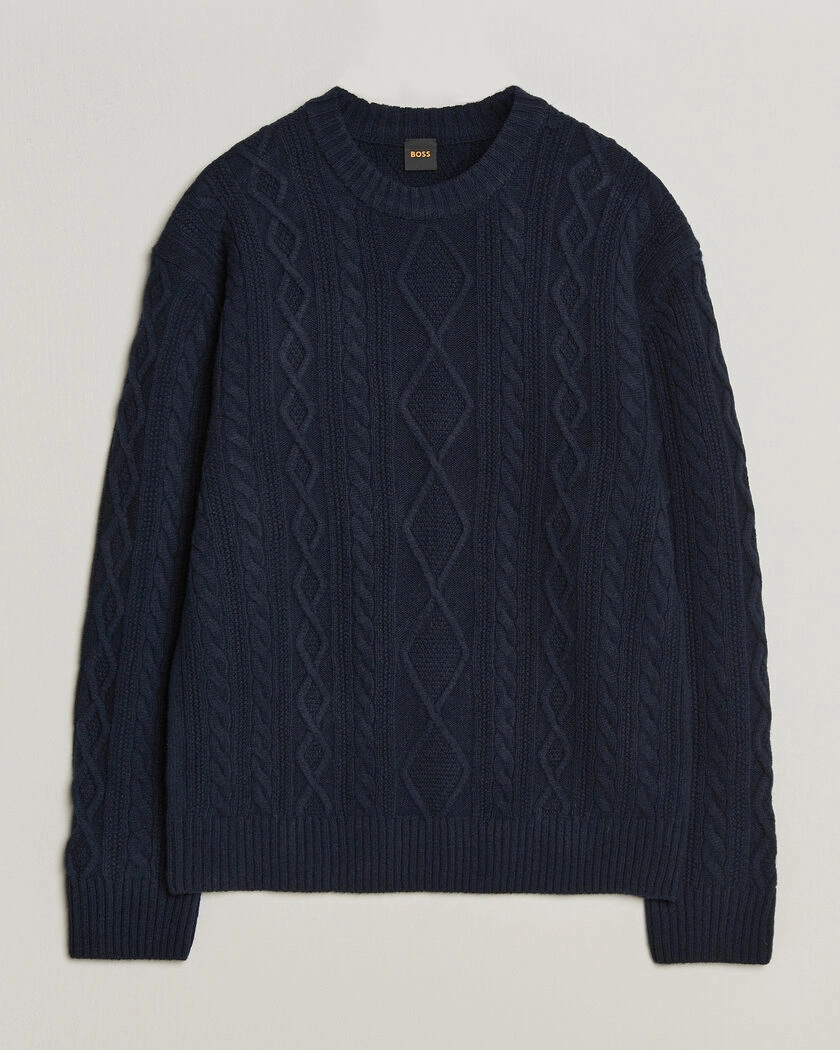 BOSS ORANGE Atreccio Wool Structured Knitted Sweater Dark Blue – Blå