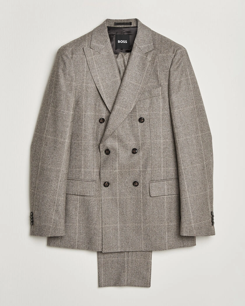 BOSS BLACK Huge Wool Checked Double Breasted Suit Open Brown – Brun