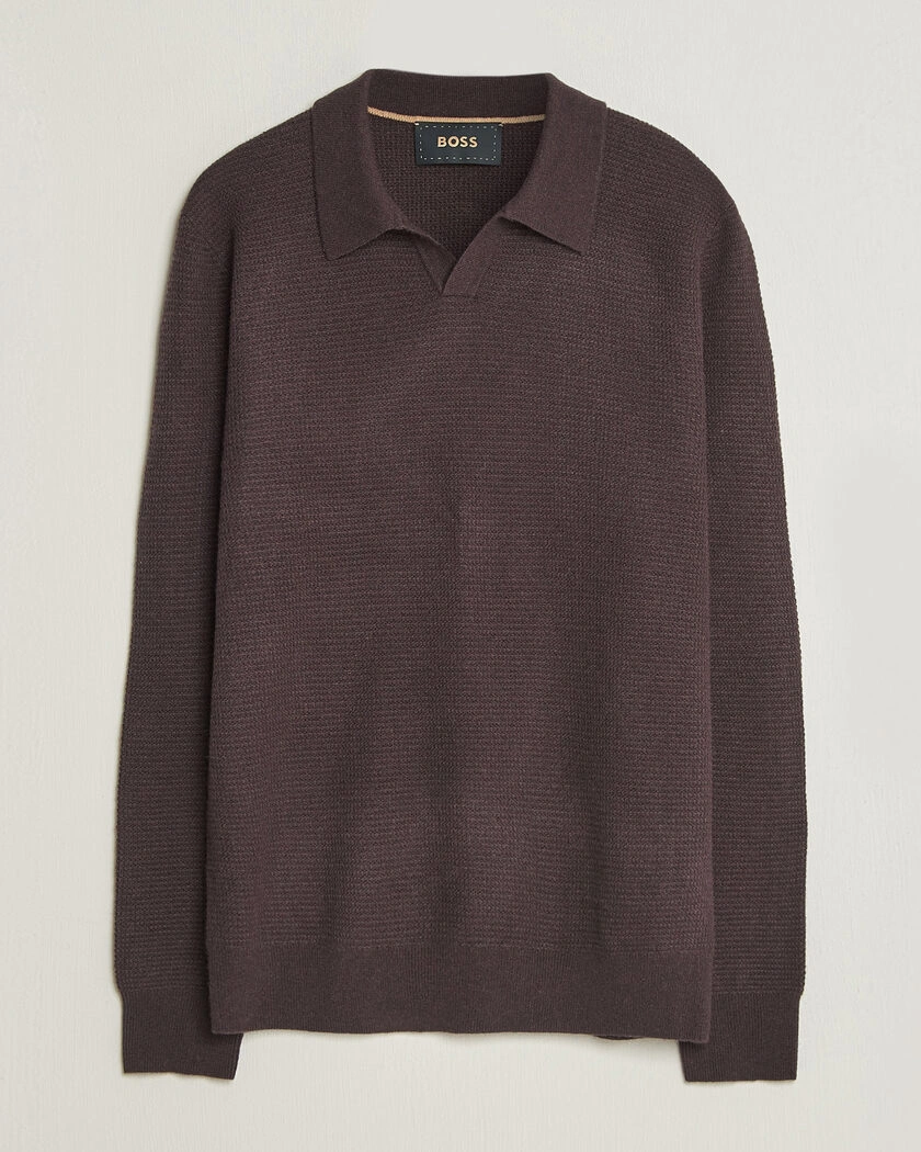 BOSS CAMEL Filo Cashmere Knitted Polo Open Brown – Brun