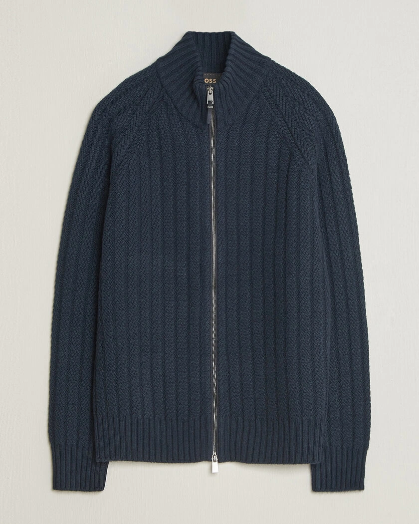 BOSS CAMEL Filane Cashmere Knitted Full Zip Dark Blue – Blå