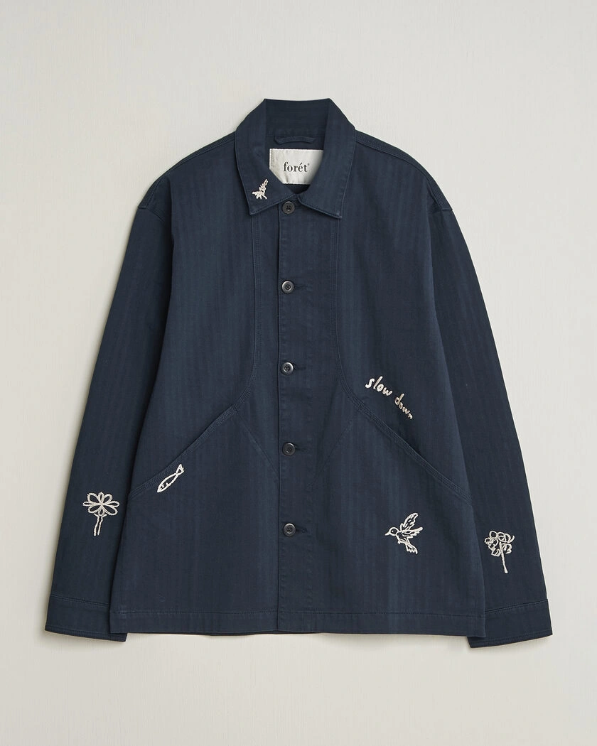 Forét Berry Herringbone Embroidery Overshirt Navy – Blå