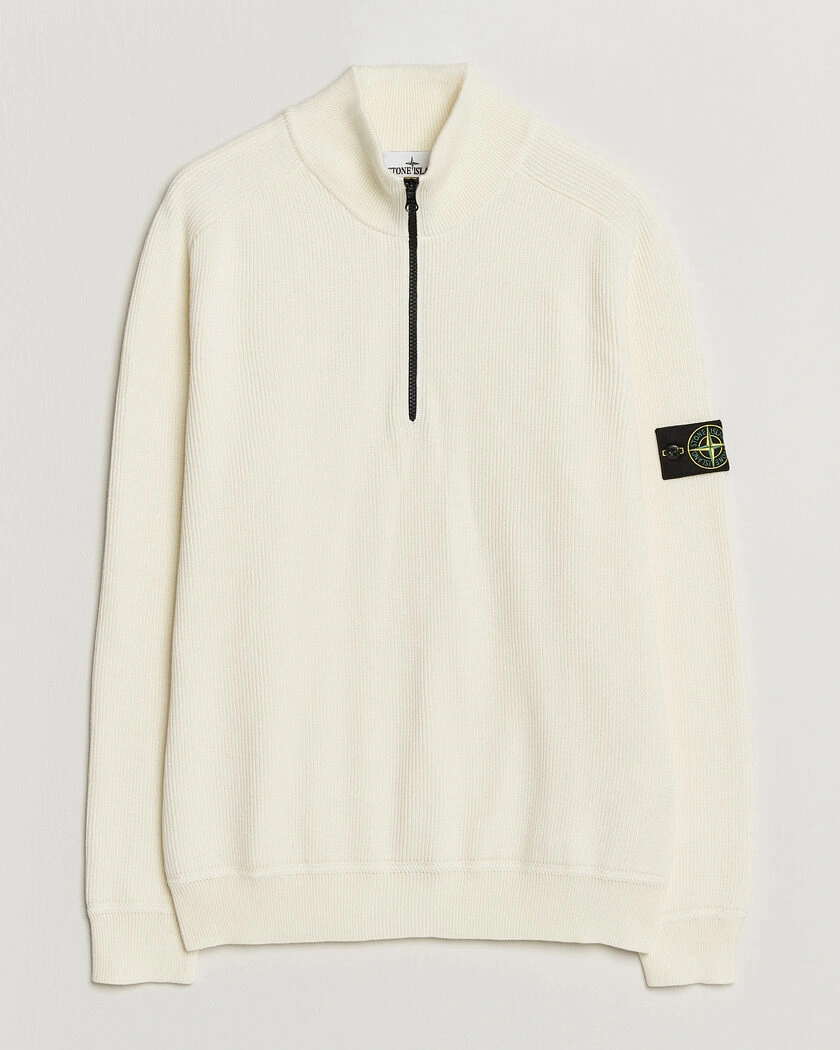 Stone Island Ribbed Soft Organic Cotton Half-Zip Ivory – Vit