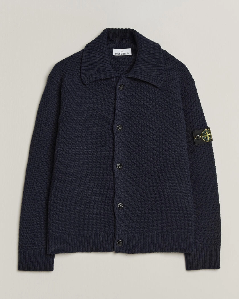 Stone Island Basket Stitch Lambswool Cardigan Navy Blue – Blå