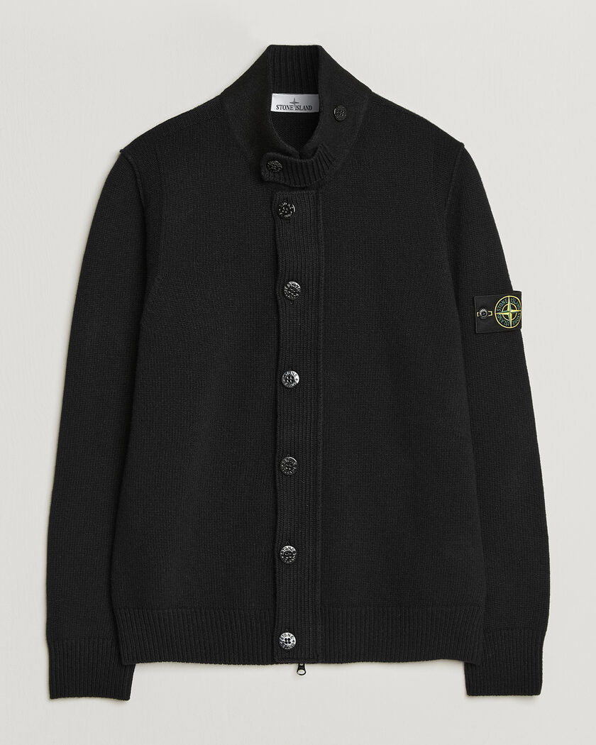 Stone Island Knitted Lambswool Zip Button Cardigan Black – Svart