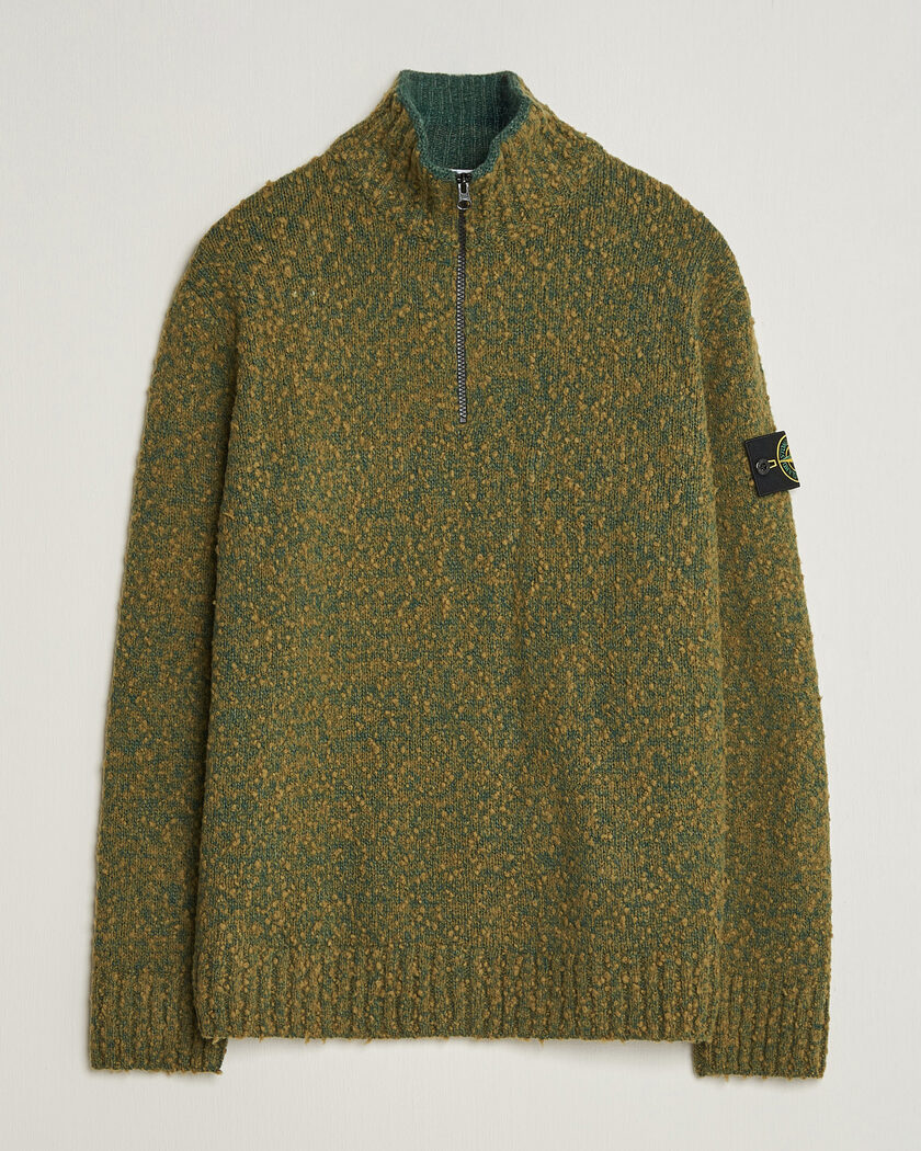 Stone Island Speckled Wool/Nylon Half Zip Dark Green Melange – Grön