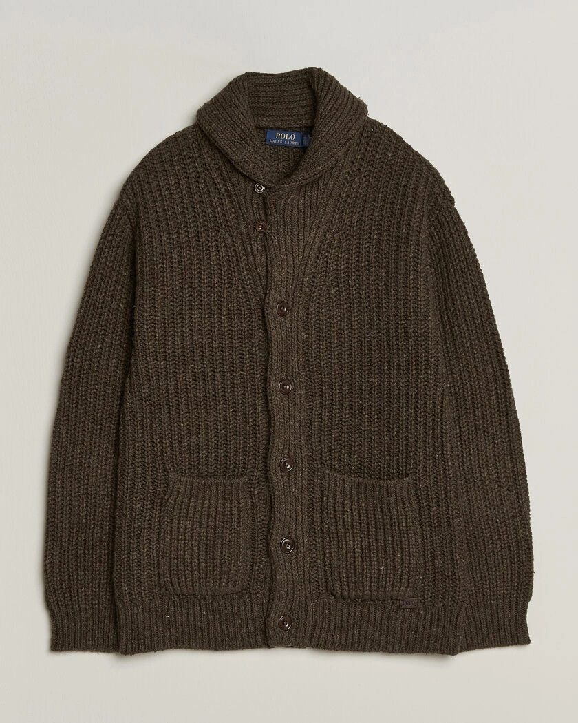 Polo Ralph Lauren Wool Blend Shawl Collar Cardigan Olive Brown Marl – Grön