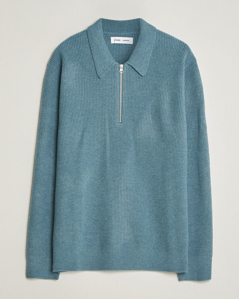 Samsøe Samsøe Isak Knitted Half Zip Polo Stormy Sea – Blå