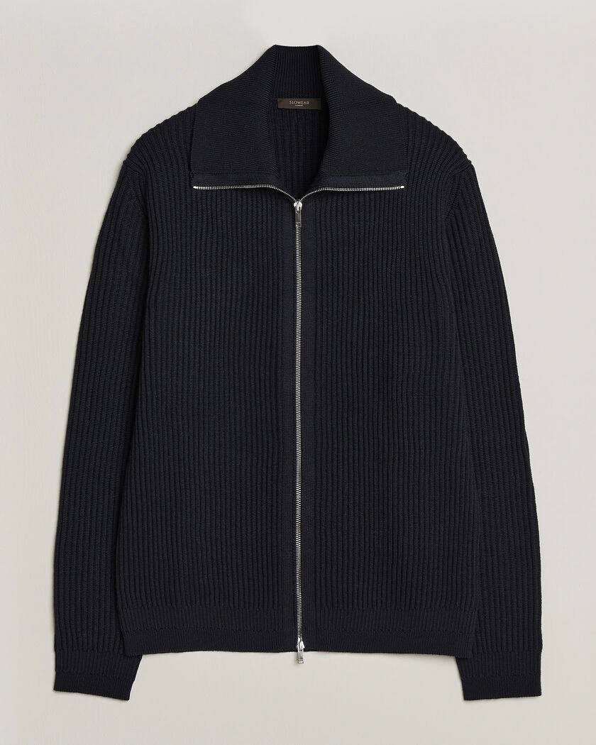 Zanone Fishermans Rib Full Zip Cardigan Navy – Blå