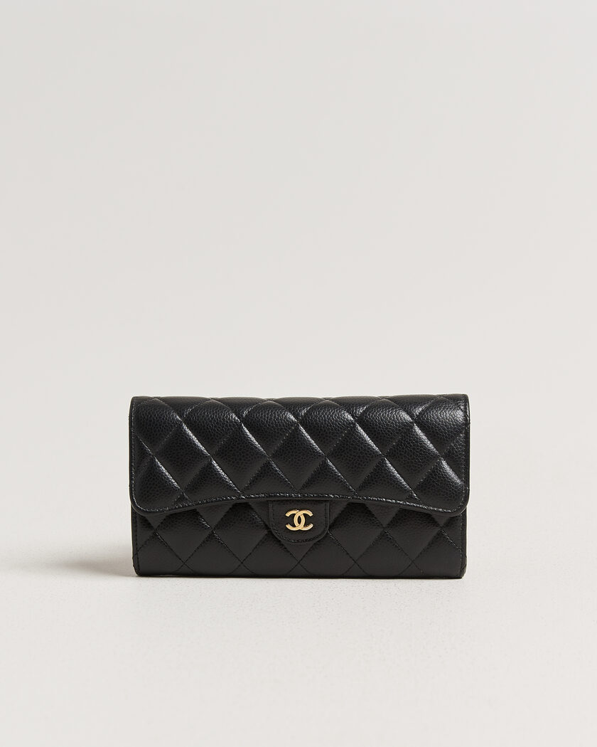Chanel Pre-Owned Classic  Long Flap Wallet Caviar Leather Black – Svart