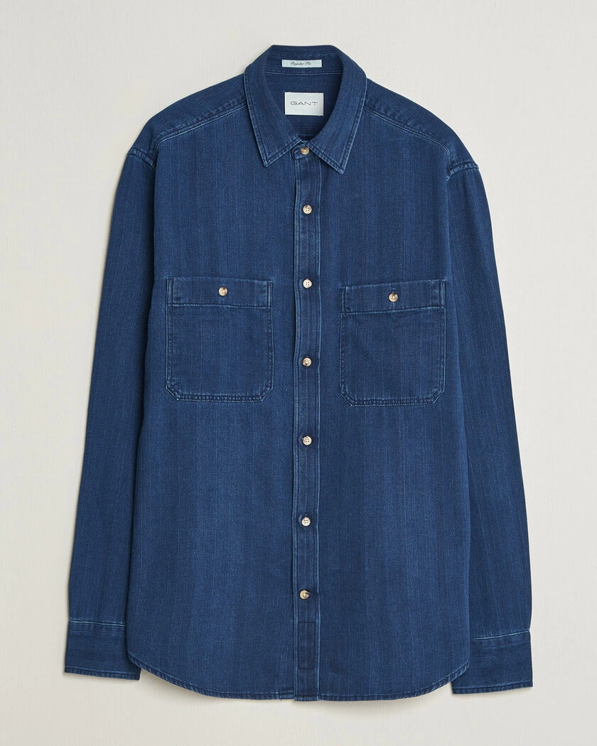 Gant Regular Fit Indigo Herringbone Overshirt Mid Blue – Blå