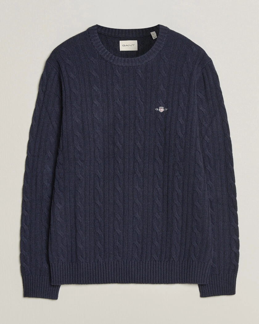 Gant Lambswool Cable Crew Neck Evening Blue – Blå