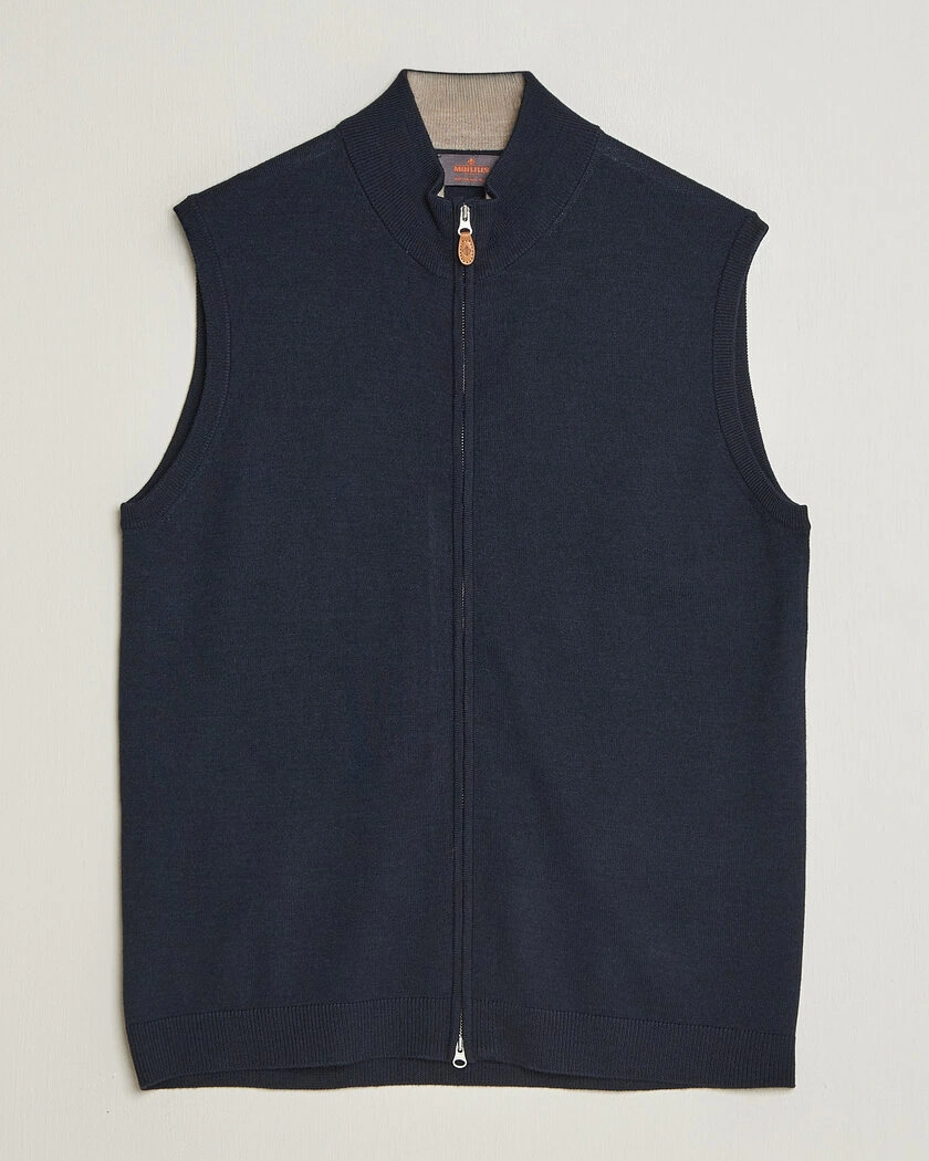 Morris Merino Zip Vest Navy – Blå