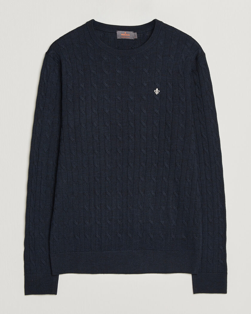 Morris Merino Cable O-Neck Navy – Blå
