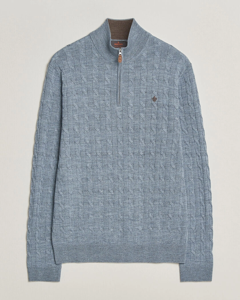  Morris Merino Cable Half Zip Light Blue – Blå