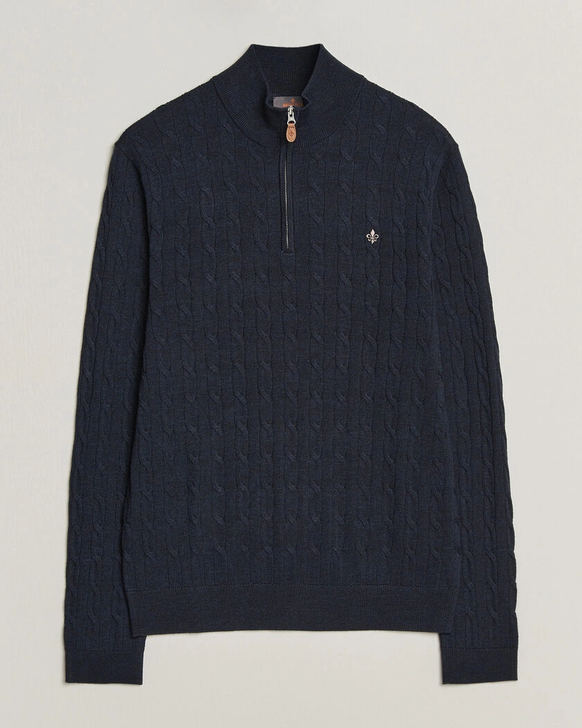 Morris Merino Cable Half Zip Navy – Blå