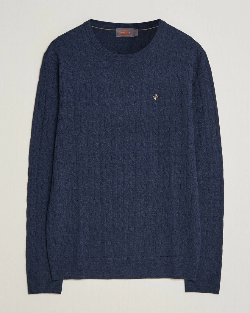 Morris Merino Cable O-Neck Navy – Blå