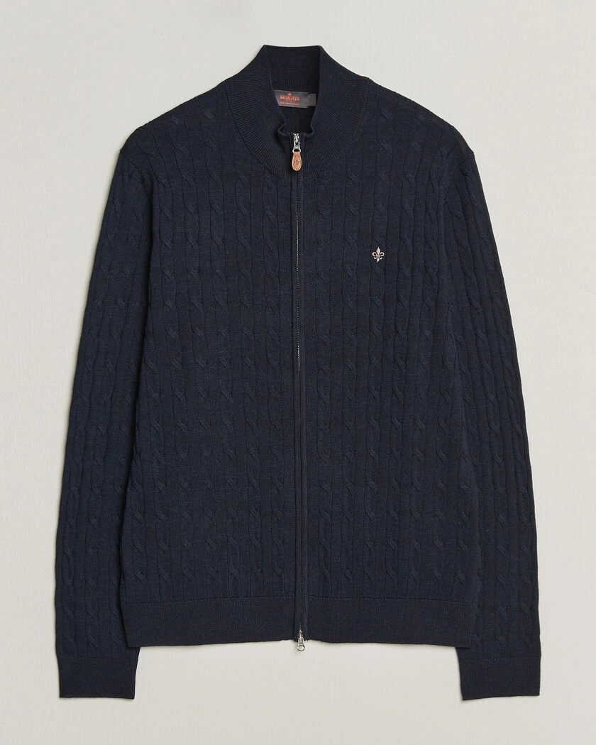 Morris Merino Cable Zip Cardigan Navy – Blå