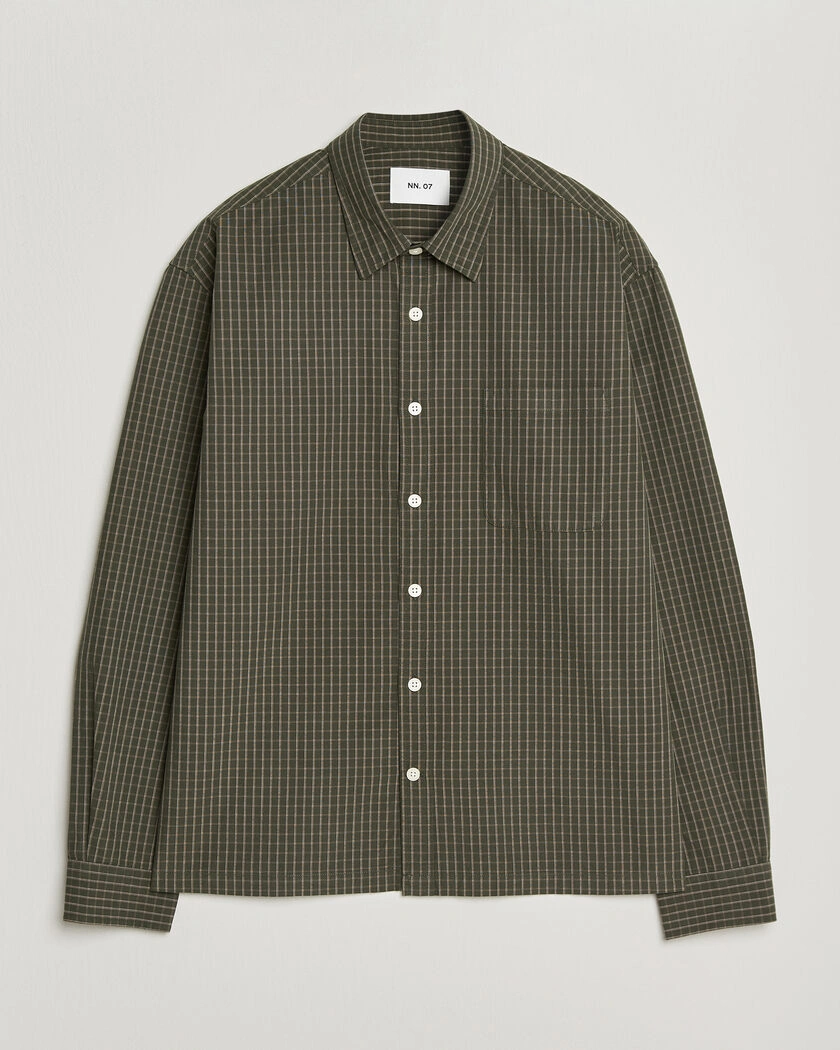 NN07 Deon Peached Cotton Checked Shirt Green – Grön