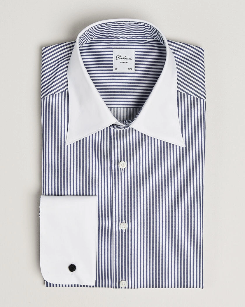 Stenströms Slimline White Collar Stripe Whinchester Shirt Blue – Blå