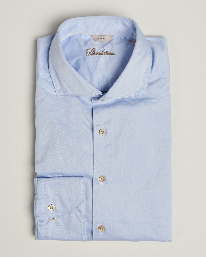 Stenströms Slimline Washed Cotton Twill Cut Away Shirt Blue – Blå