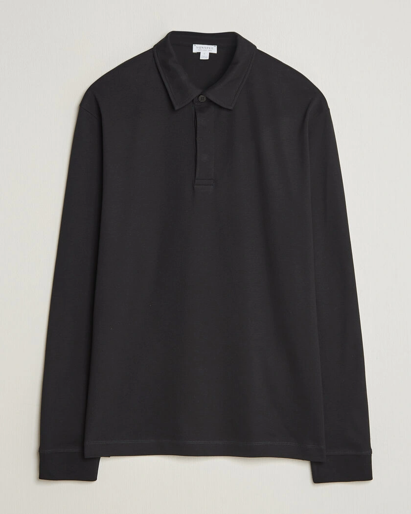 Sunspel Heavy Weight Supima Cotton Long Sleeve Polo Black – Svart
