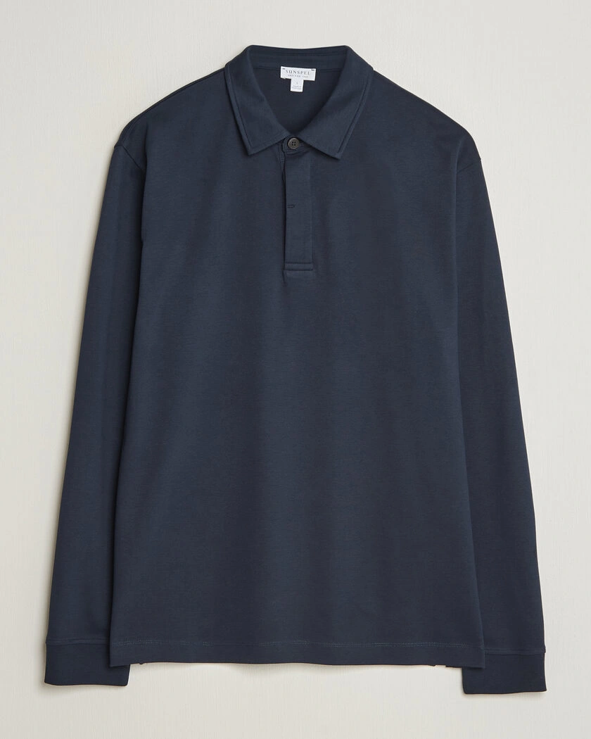 Sunspel Heavy Weight Supima Cotton Long Sleeve Polo Navy – Blå