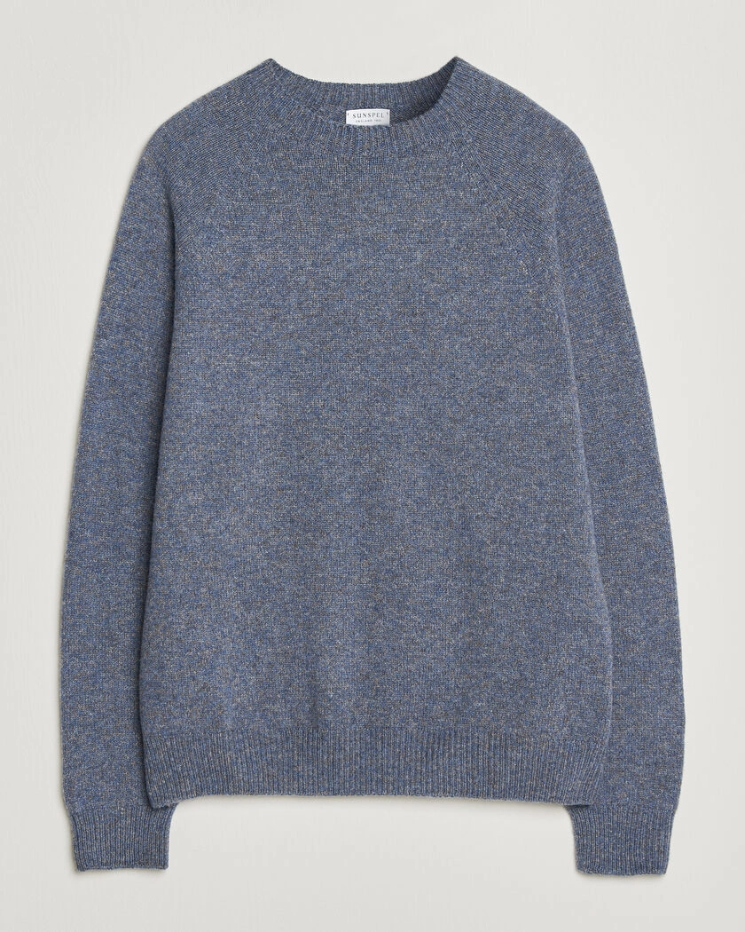 Sunspel Lambswool Crew Neck Denim Twist – Blå