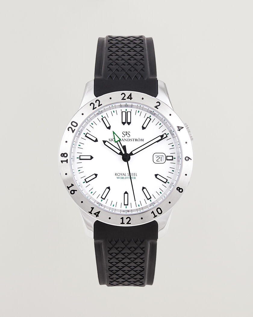 Sjöö Sandström Royal Steel Worldtimer 41mm Black Rubber White Dial – Vit