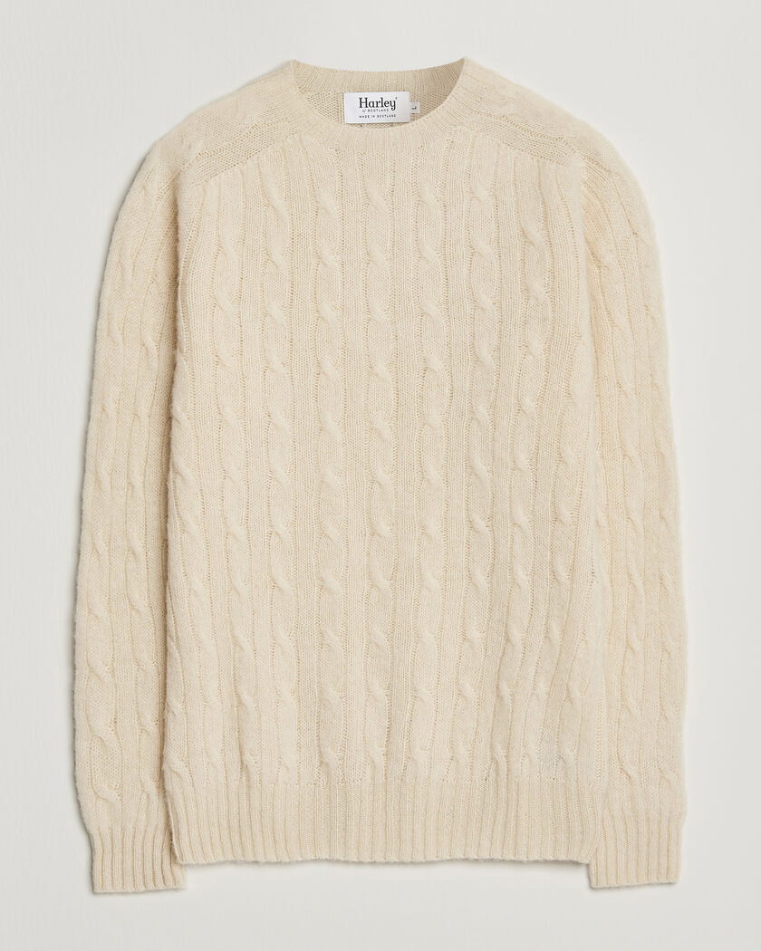 Harley Of Scotland Brushed Supersoft Lambswool Cable Vanilla – Vit