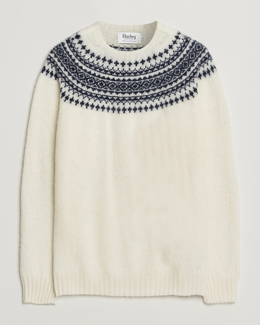 Harley Of Scotland Brushed Supersoft Lambswool Yolk Fairisle Snow White/Navy – Vit
