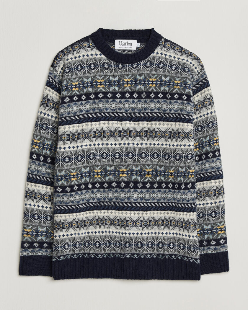 Harley Of Scotland Supersoft 2ply Lambswool Fairisle Crew Navy – Blå