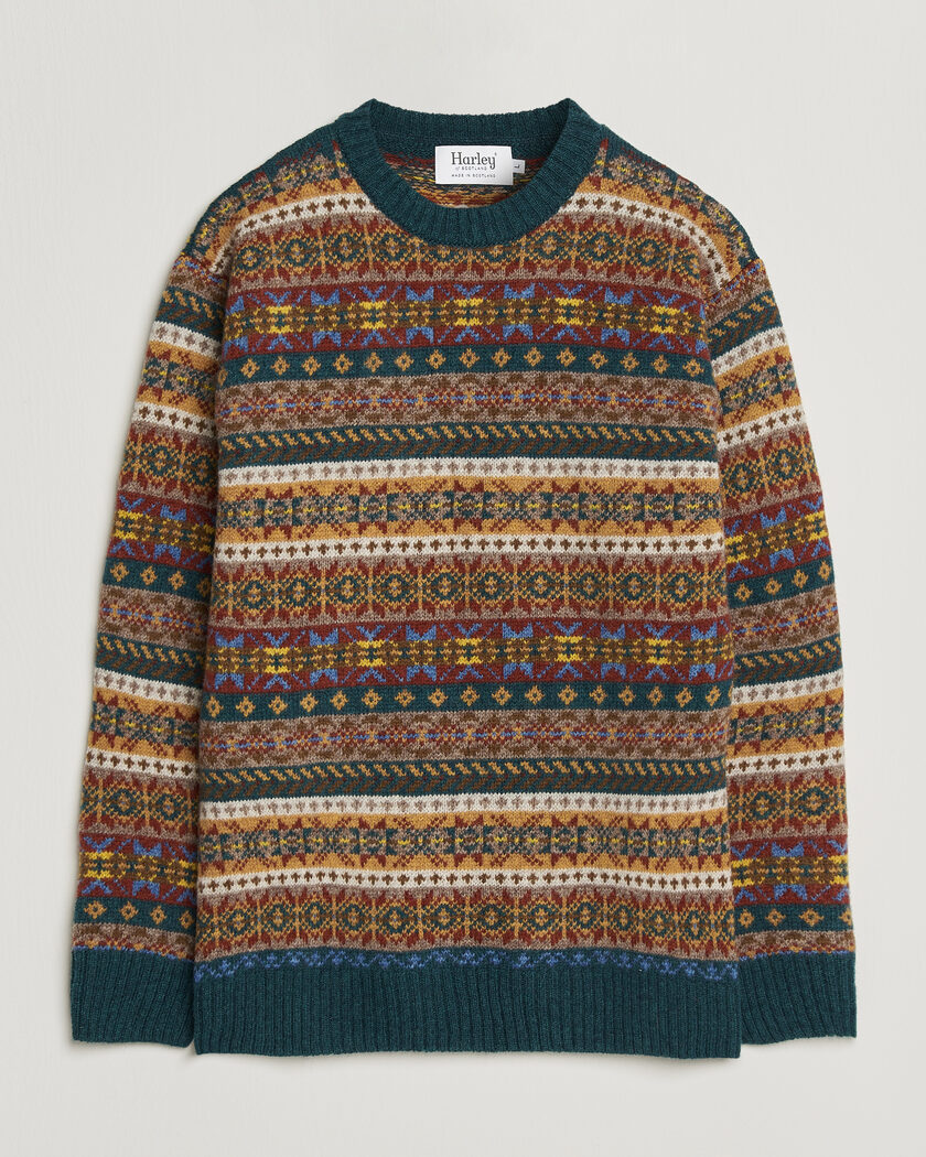 Harley Of Scotland Supersoft 2ply Lambswool Fairisle Crew Tempest – Grön