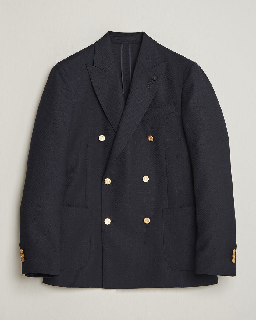 Lardini Double Breasted Herringbone Wool Blazer Navy – Blå