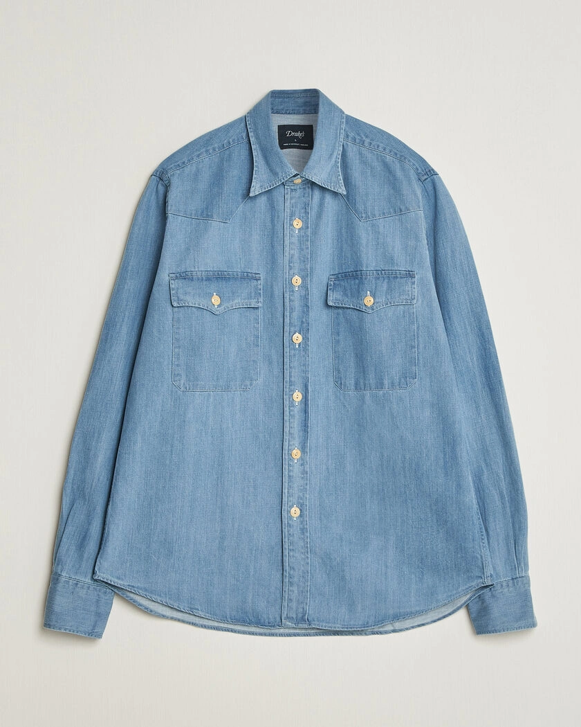 Drake's Denim Western Shirt Bleached Blue – Blå