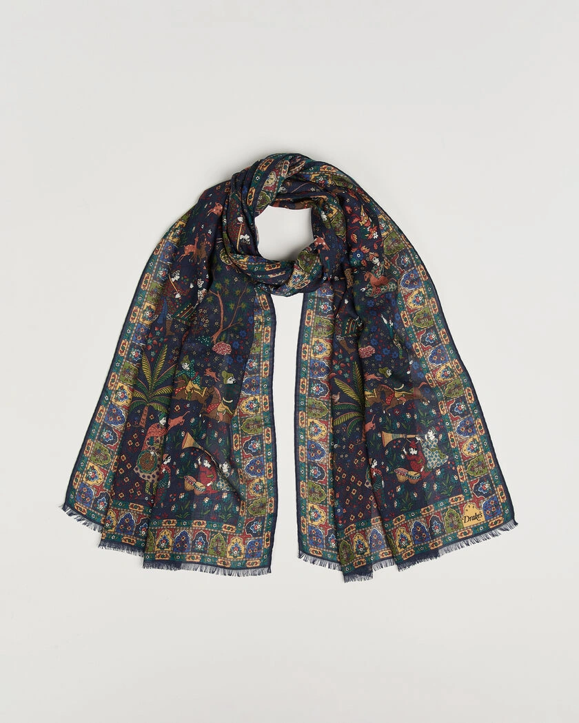 Drake's Mughal Garden Wool/Silk Scarf Navy – Blå