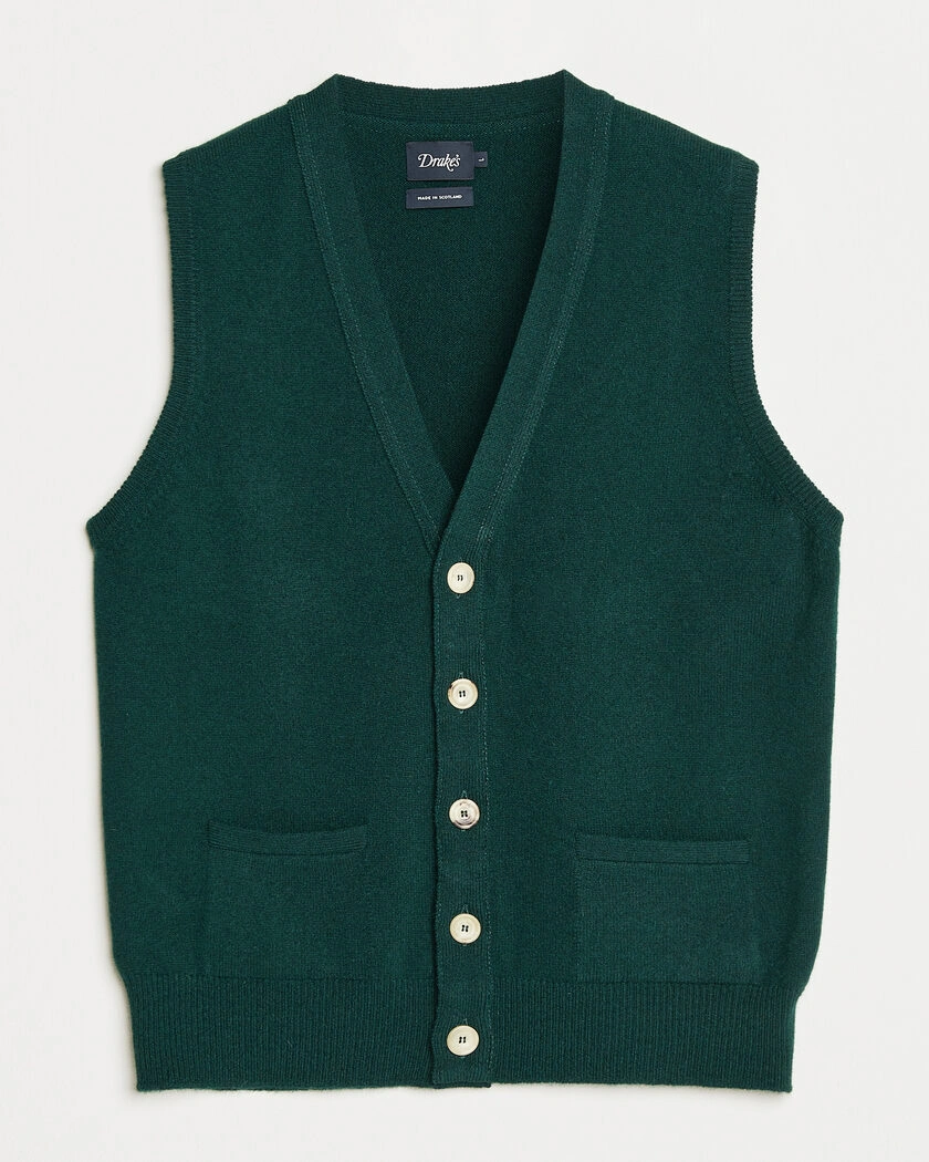 Drake's Lambswool Vest Cardigan Green – Grön