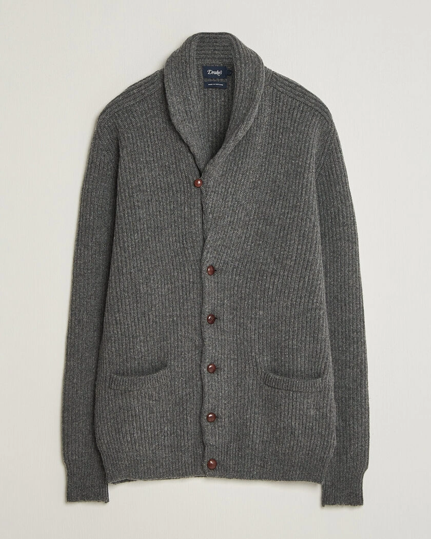 Drake's Lambswool Shawl Collar Rib Cardigan Grey – Grå