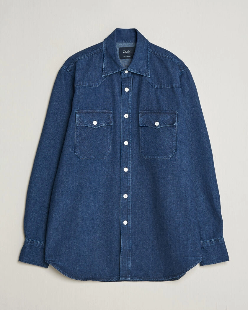 Drake's Western Selvedge Denim Shirt Stone Wash Indigo – Blå