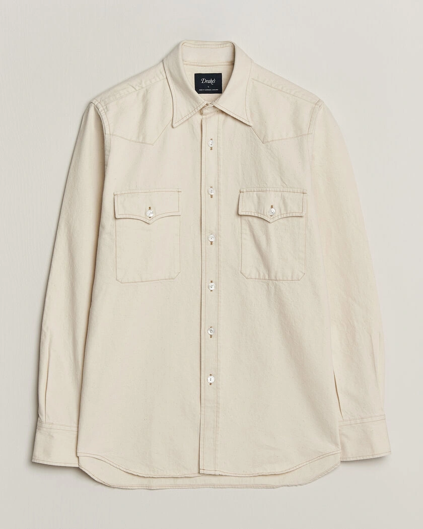 Drake's Western Denim Shirt Stone Wash Ecru – Vit