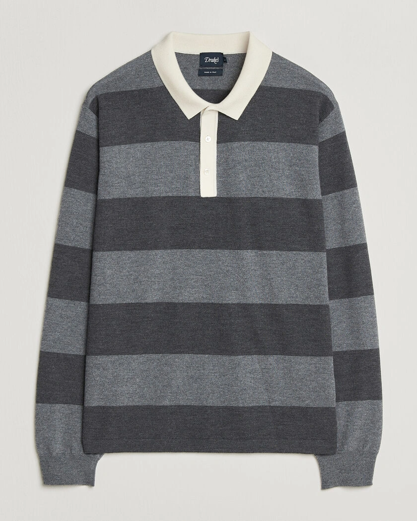 Drake's Block Stripe Knitted Rugby Mid Grey – Grå