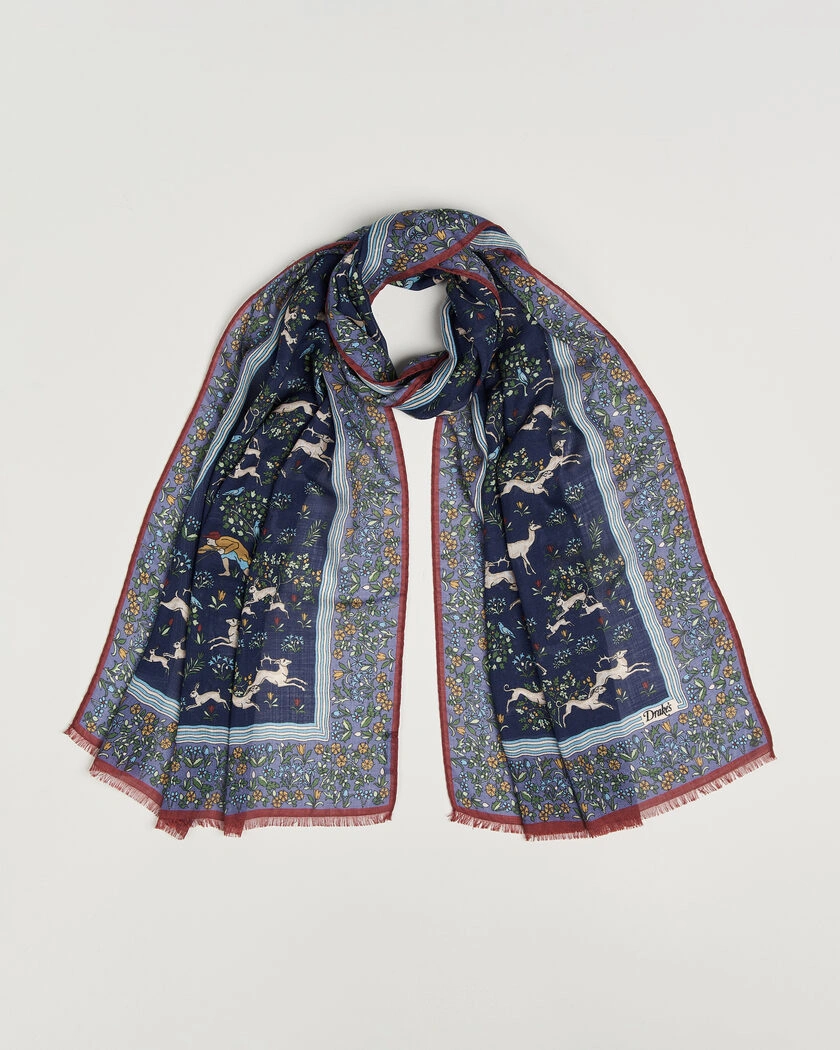 Drake's Archival Animals Wool/Silk Scarf Navy – Blå