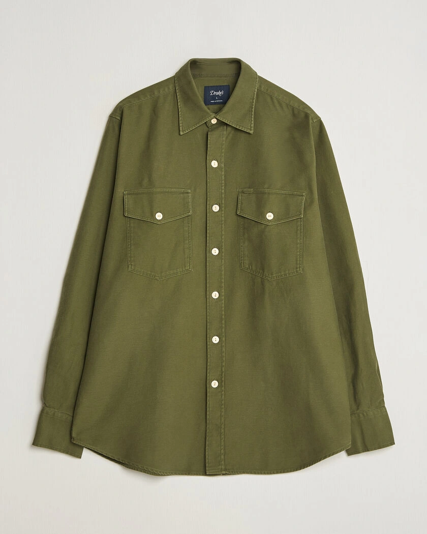 Drake's Two Pocket Casual Cotton Shirt Olive – Grön
